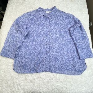 Susan Graver Purple Floral Burnout Blouse Semi Sheer Boxy Button Up 3X